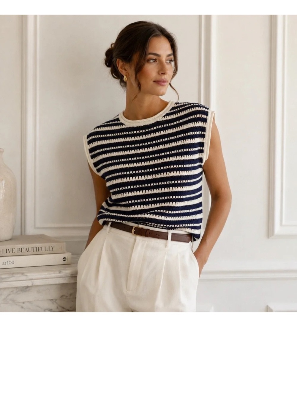 Joie Navy and Cream Striped Knit Tank